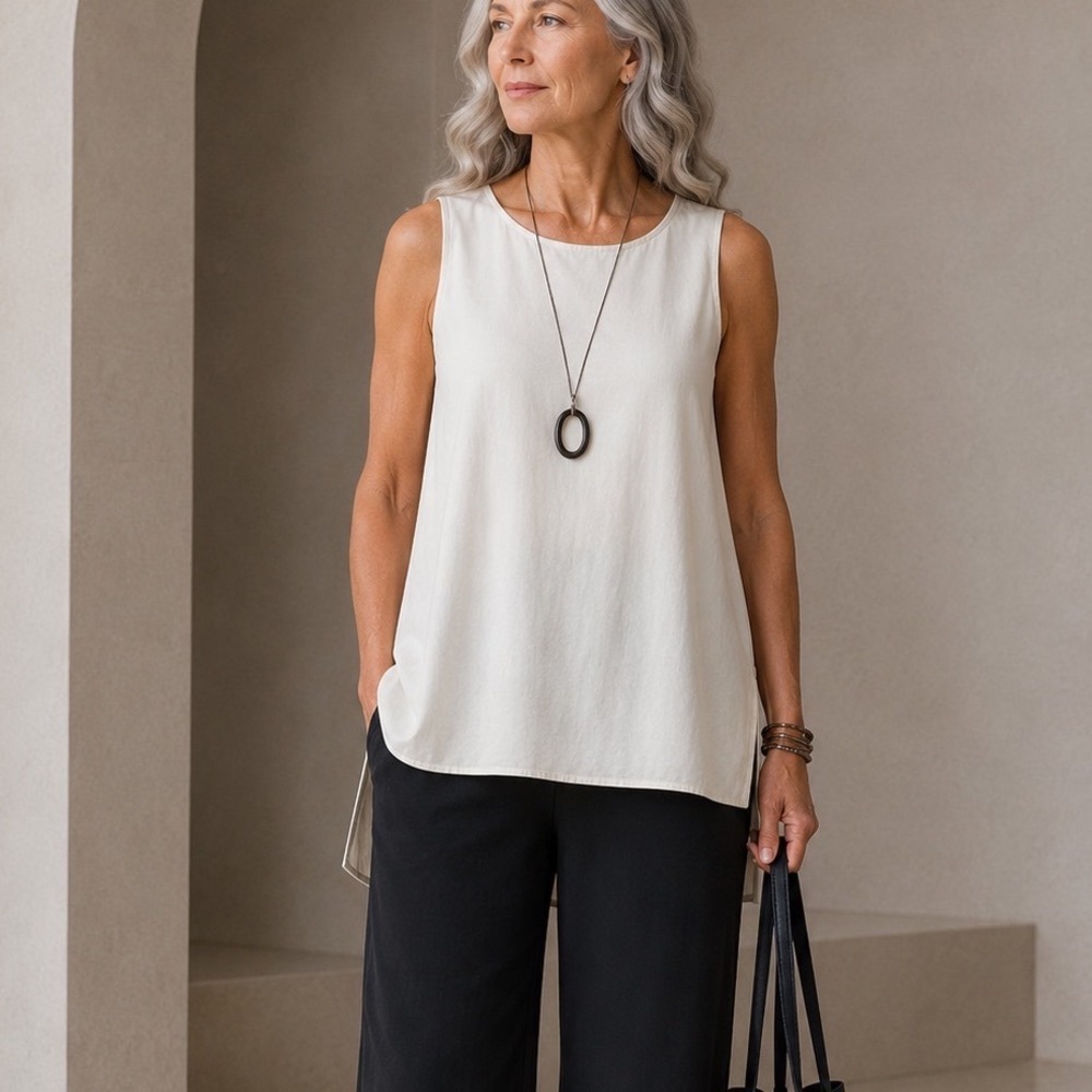 EILEEN FISHER Silk Crepe Tunic Tank M Lagenlook Quiet Luxury Minimalist Oyster